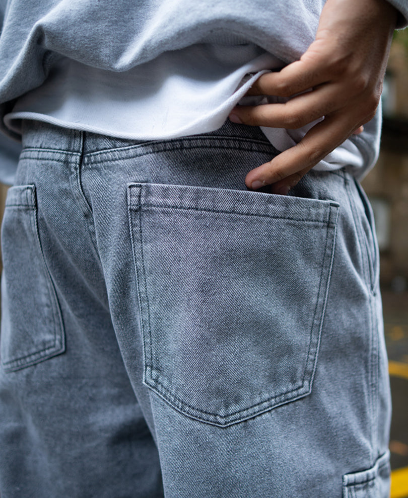 Charcoal Grey Baggy Fit Denim Jeans with Cargo Pockets