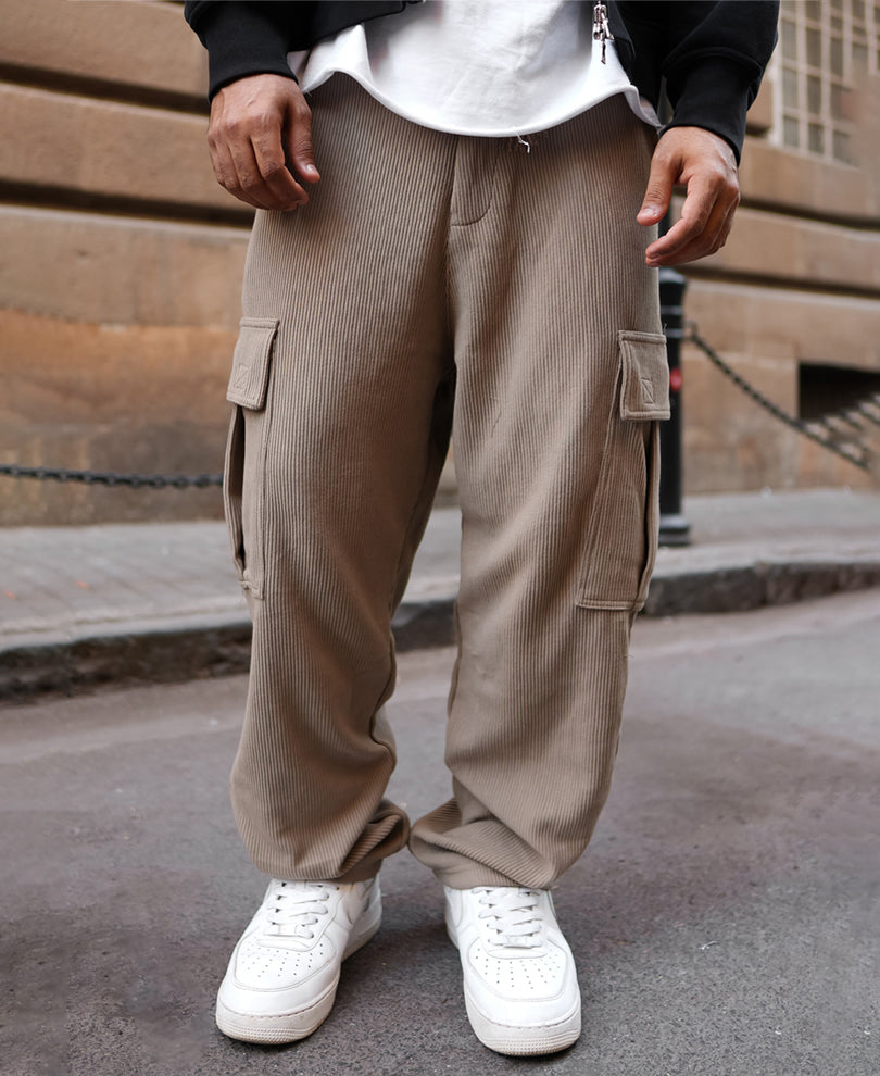 Beige Cargo Pocket Baggy Fit Track Pant