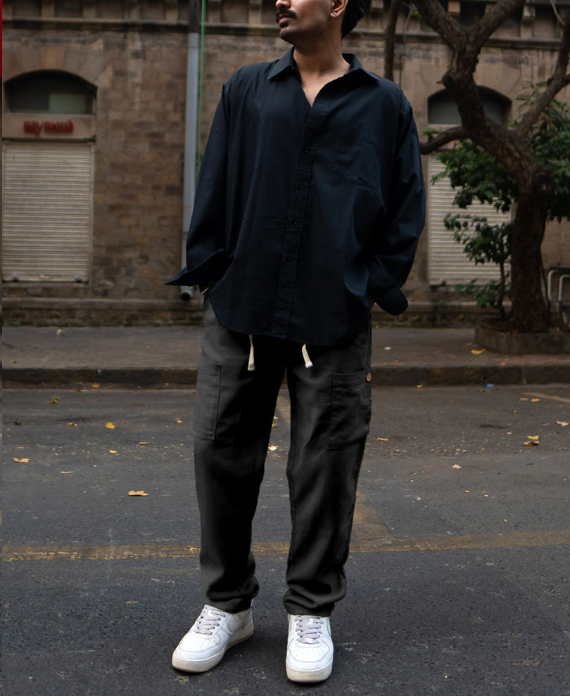 Black Cotton Cargo Trousers