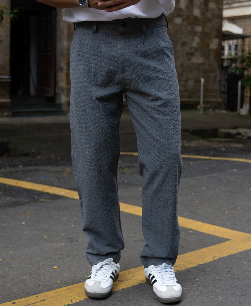 Grey Structured Pleated Trouser
