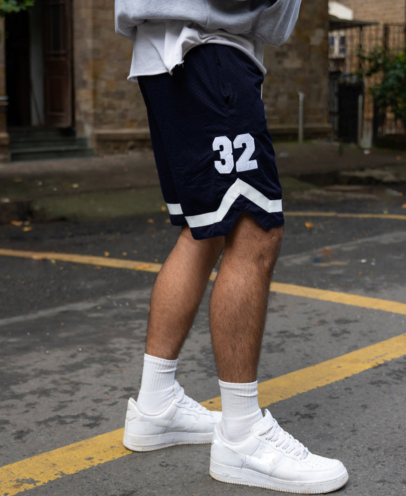 Navy Embroidered Mesh Short