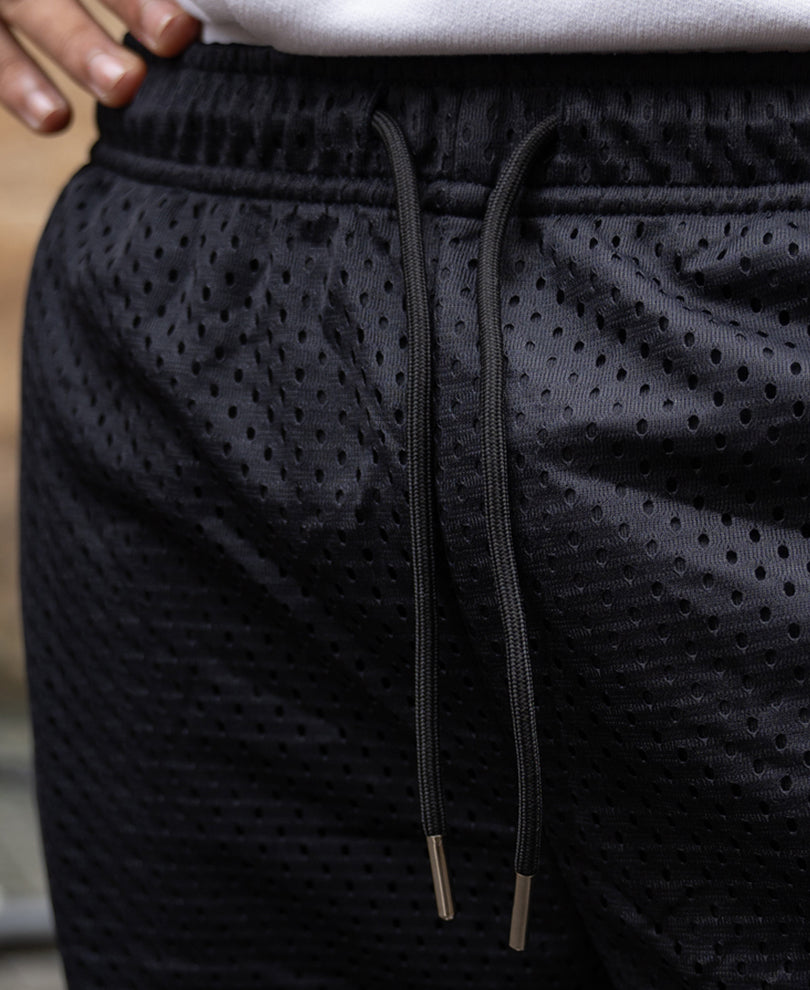 Black Contrast Embroidered Mesh Shorts