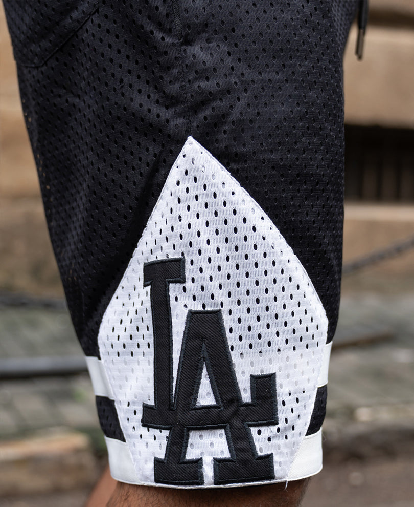 Black Contrast Embroidered Mesh Shorts