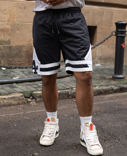 Black Contrast Embroidered Mesh Shorts