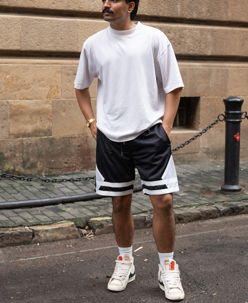 Black Contrast Embroidered Mesh Shorts