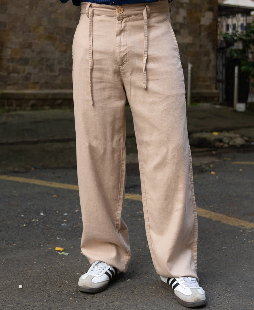 Beige Structured Cotton Trouser