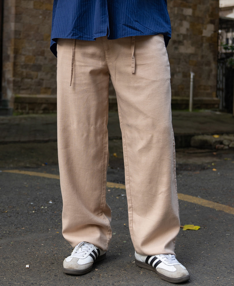 Beige Structured Cotton Trouser