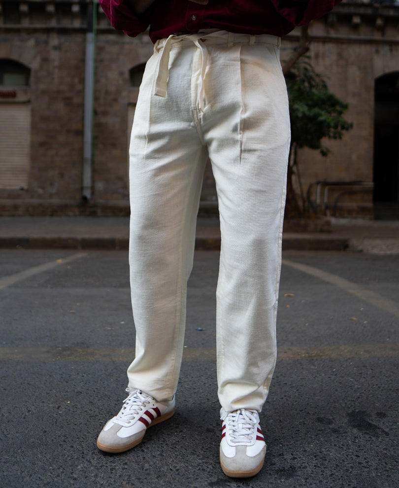 Cream Cotton Pants With Belt