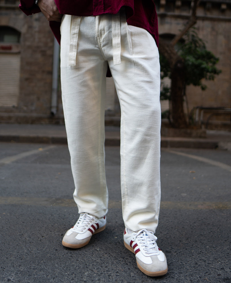 Cream Cotton Pants With Belt