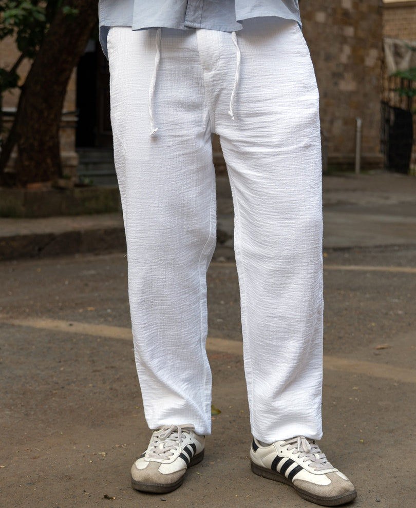White Regular Fit Crinkled Trouser