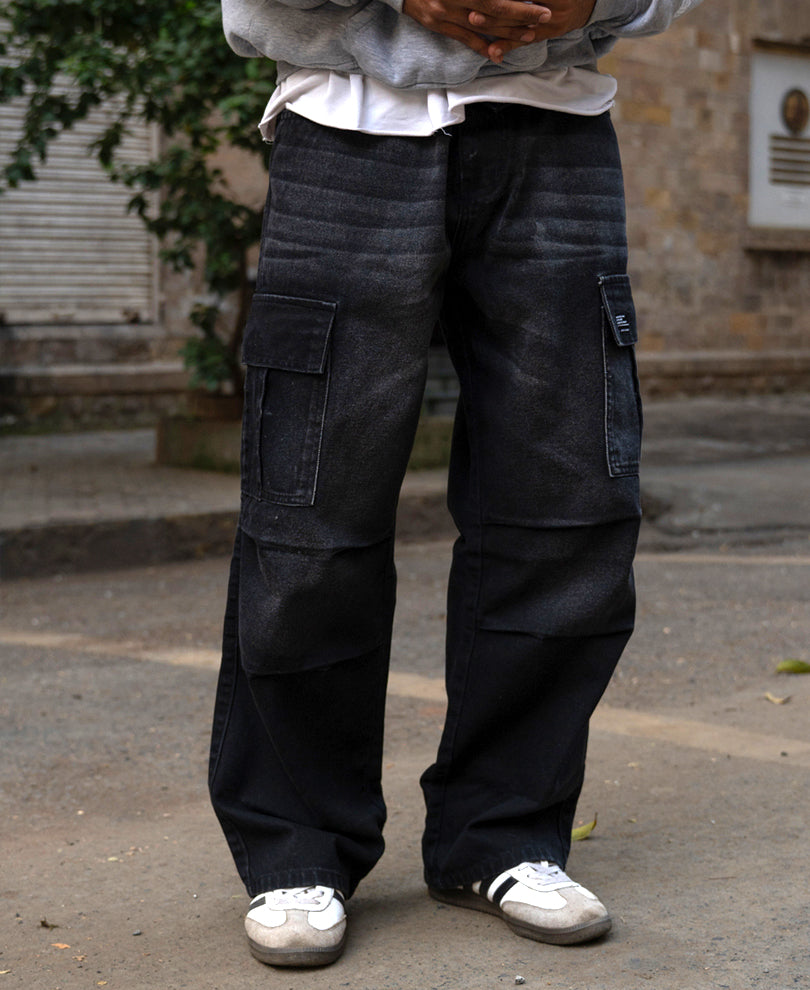 Black Washed Cargo Jeans