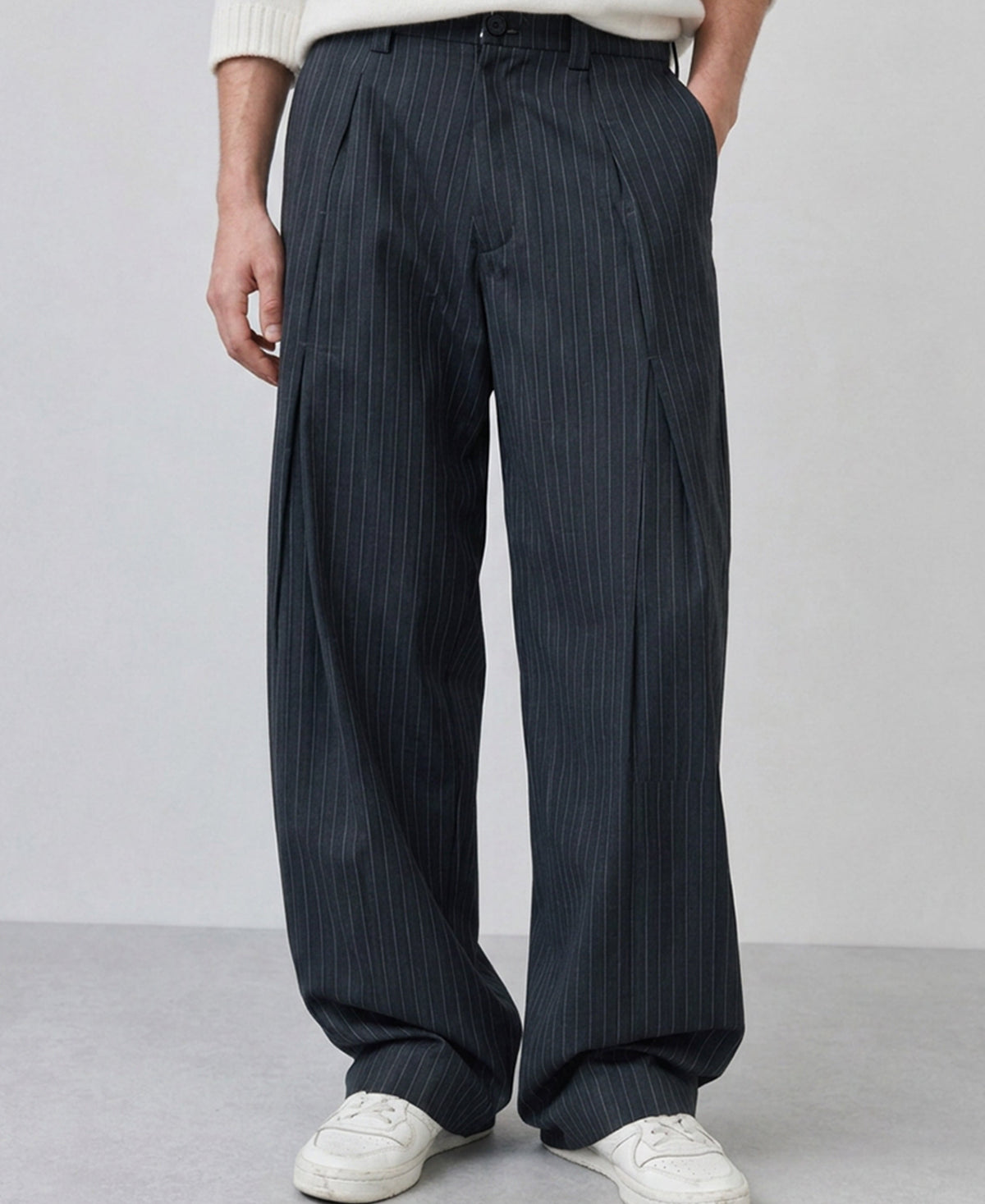 Grey Striped Pleated Korean Pants
