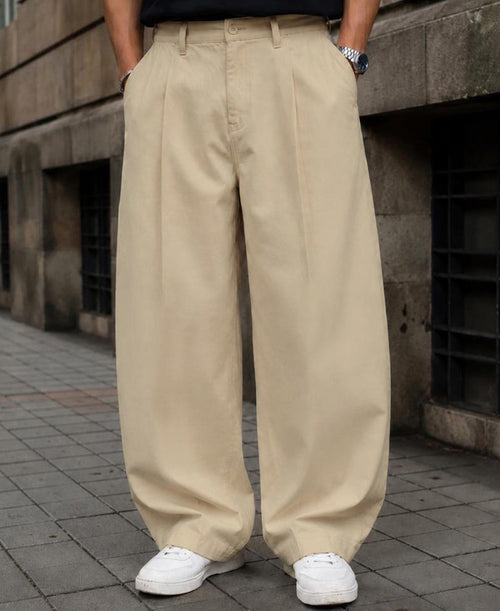 Beige Pleated Barrel Fit Trousers