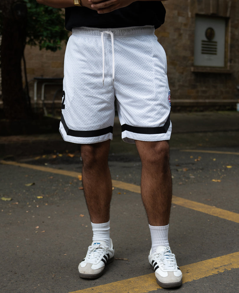White Embroidered Mesh Basketball Shorts