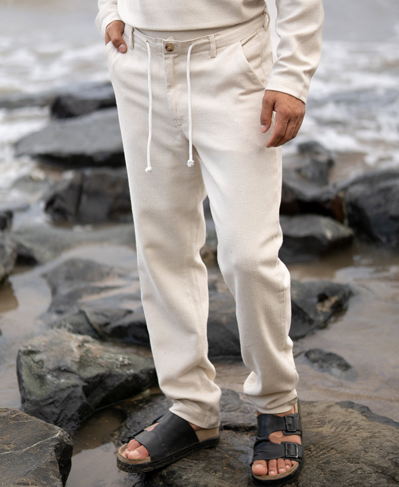 Cream Structured Cotton Trouser