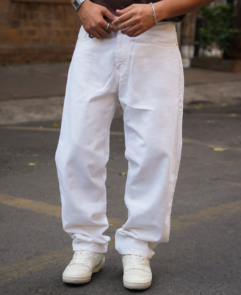 White Denim Solid Baggy Fit Jeans