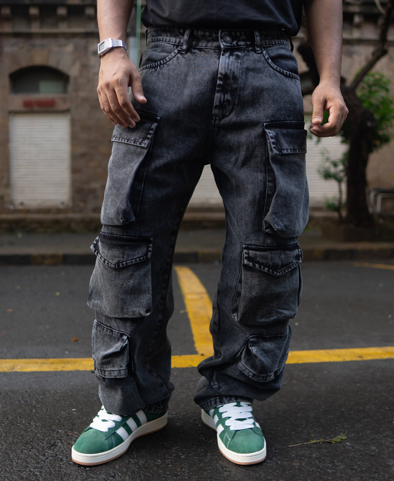 Carbon Black Baggy Fit Cargo Pockets Denim Jeans