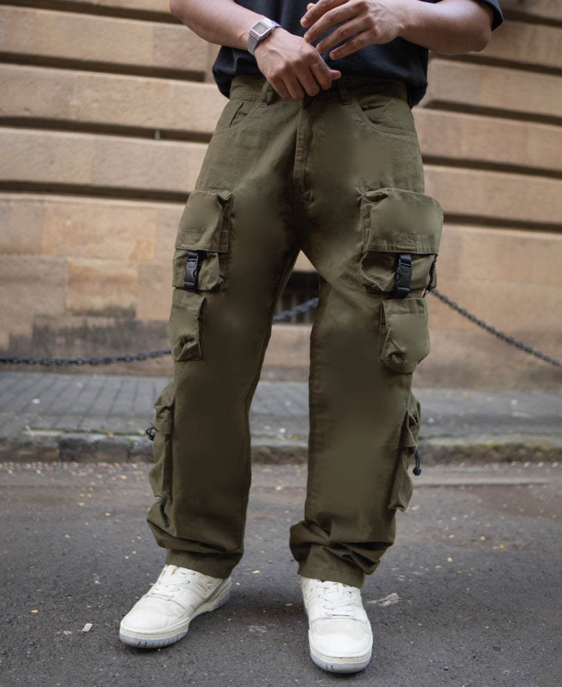 Olive Green Cotton Baggy Fit Cargo Pant