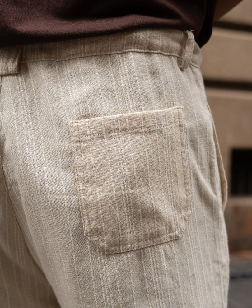 Cream Self Stripe Linen Trouser