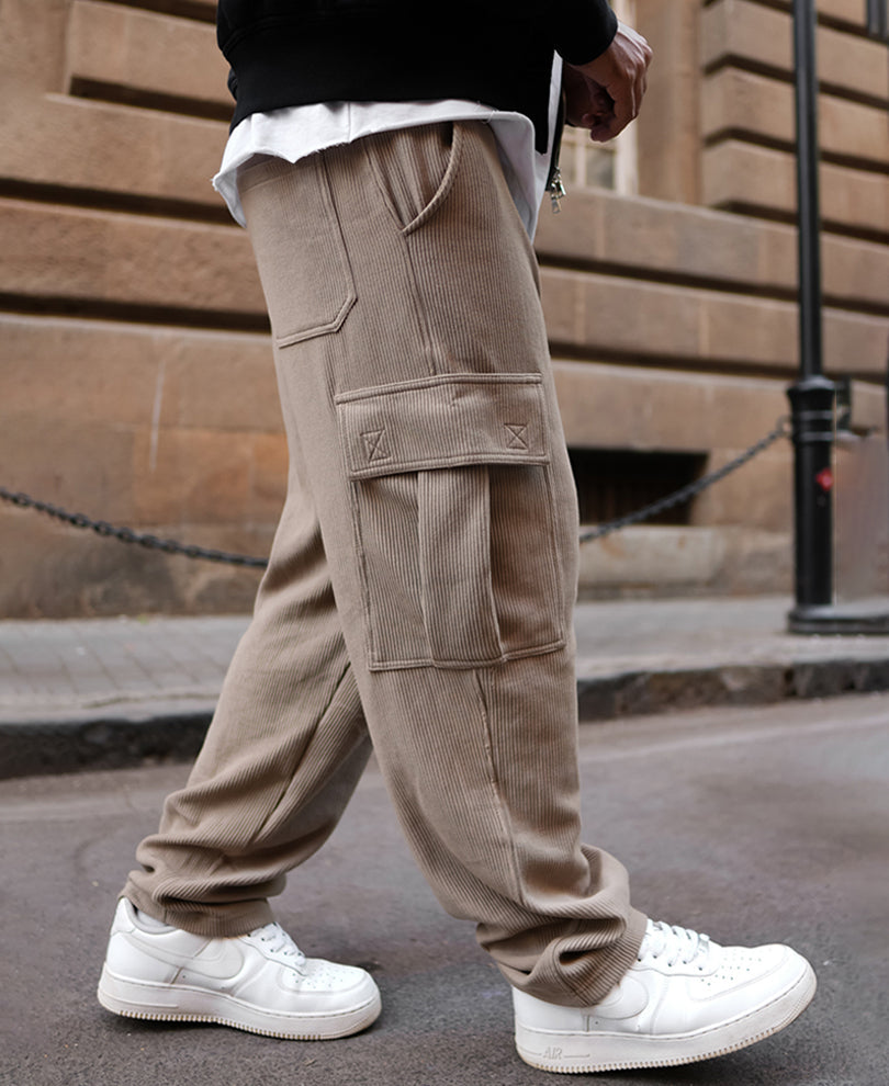 Beige Cargo Pocket Baggy Fit Track Pant