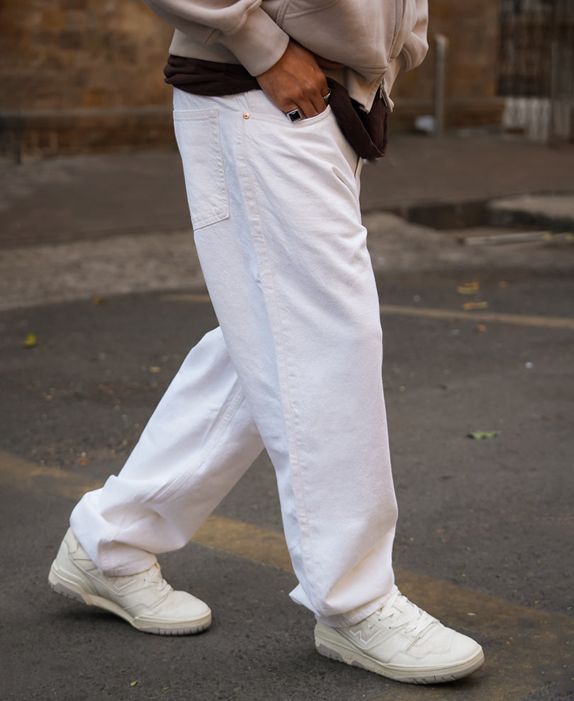 White Denim Solid Baggy Fit Jeans