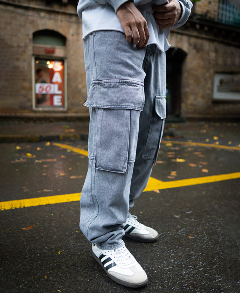 Charcoal Grey Baggy Fit Denim Jeans with Cargo Pockets